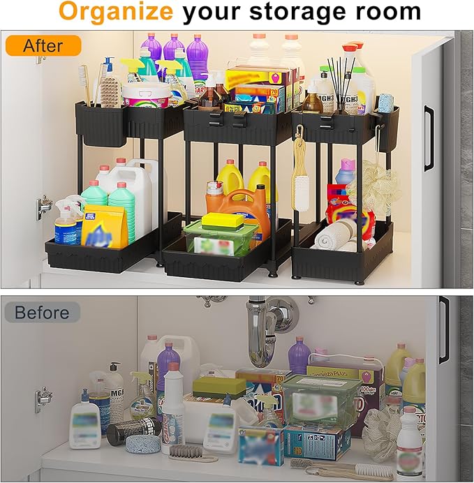 3 Pack Under Sink Organizers, 2-Tier Multi-Use Kitchen and Bathroom Organizers and Storage with Sliding Drawers，Bathroom Cabinet Organizer (Black, 14.8 Inch)