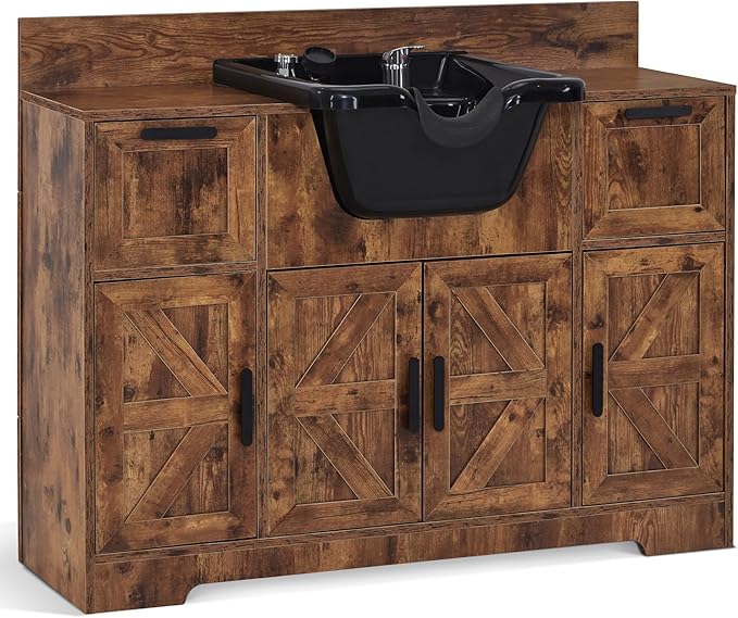 BarberPub Portable Shampoo Station, Shampoo Bowl with Cabinet & Drawer, Salon Geometric Finish Station with Sprayer Faucet, Barber Storage Equipment with Hair Wash Backwash Sink 3439 (Rustic Brown)