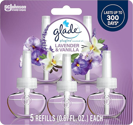 Glade PlugIns Refills Air Freshener, Scented and Essential Oils for Home and Bathroom, Lavender & Vanilla, 3.35 Fl Oz, 5 Count