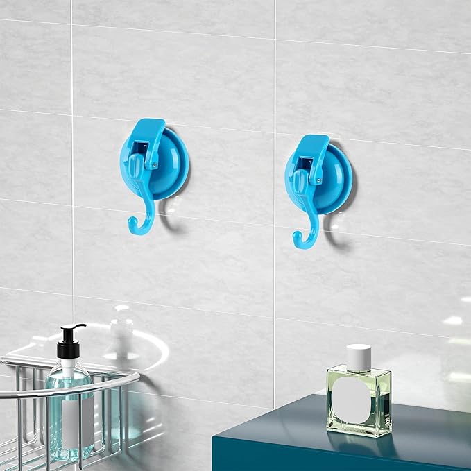 Heavy Duty Vacuum Suction Cup Hooks, Blue Plated Polished Super Suction for Kitchen Bathroom, 2 Pack