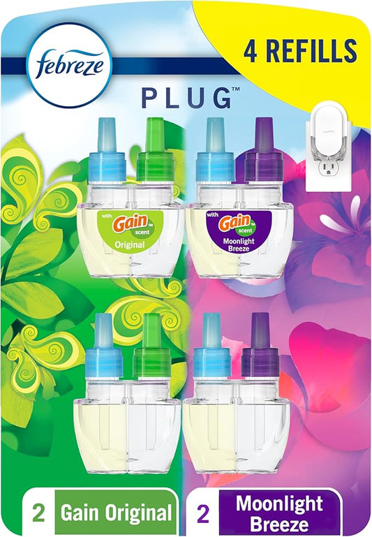 Febreze Odor-Fighting Fade Defy PLUG Air Freshener, Gain Moonlight Breeze, Gain Original, 0.87 fl. oz. Oil Refills, 4 Refills (2 of Each)