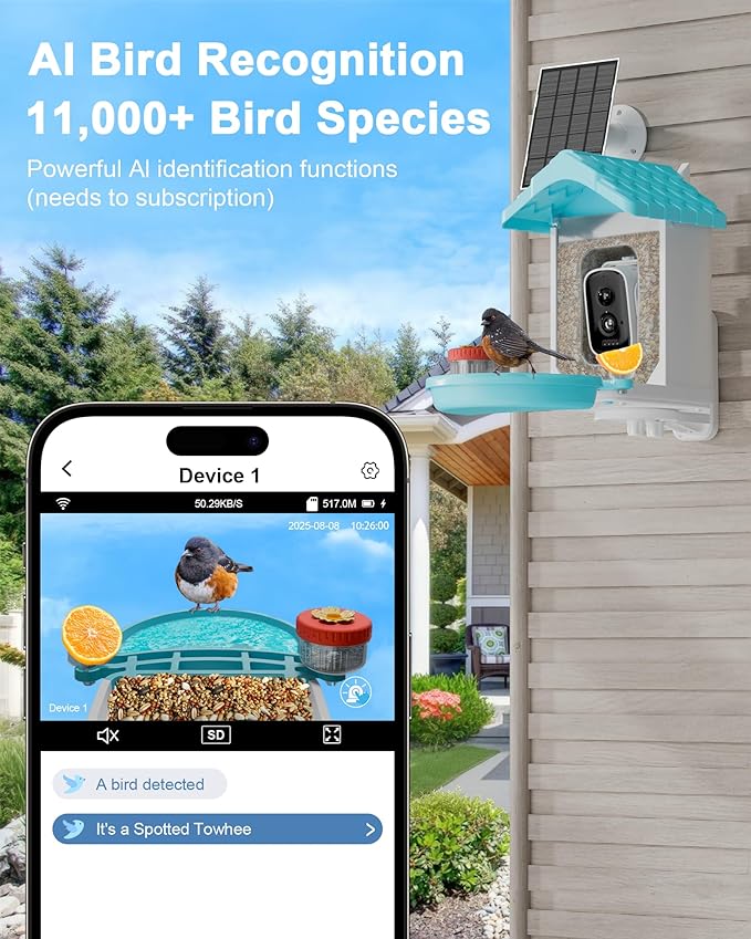 2-in-1 Smart Wild Bird Feeder & Bath with 4K HD Camera, AI Identification Solar Bird Feeder Watching Camera Night Vision for Outdoor Birds Watching Gifts for Birdlover, Blue