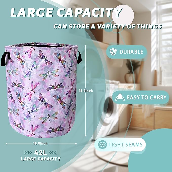 Watercolor Dragonfly Laundry Basket Foldable With Handles Tote Bag Oxford Cloth Colorful Laundry Hamper Clothes Storage Bucket Toy Organizer 18.9"x16.5" For Bathroom/Laundry/Bedroom