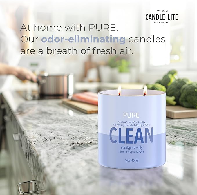 Candle-Lite Pure Eucalyptus & Lily Odor Eliminating Scented Candles, Neofresh Technology Eliminates 99.9% of Odors, 16 oz 2-Wick Jar, Proudly Poured in The USA, Up to 60 Hours Burn Time