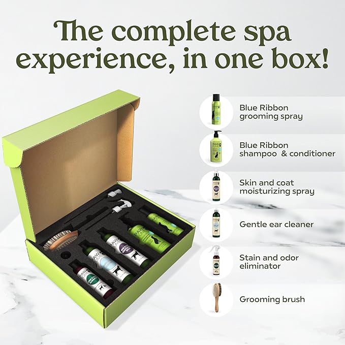 Pawfume Dog Gift Basket, 6-Piece Box – Give Your Pup a Spa-Quality Coat & Odor-Free Freshness – Probiotic Deodorizer Spray, Hypoallergenic Grooming Mist & Premium Brush – Dog Gift Boxes for All Breeds