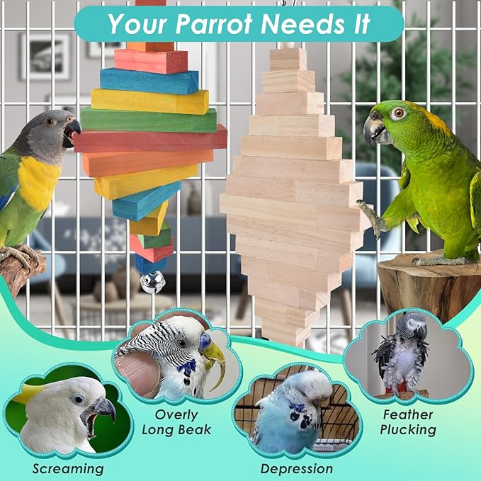 2 Pcs Large Bird Toys, Colorful Natural Wood Block Parrot Chew Sticks Toy with Bell for Amazon, African Greys, Eclectus Parrots, Macaws Chewing Tearing