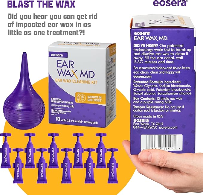 eosera Ear Wax MD Cleaning Kit - Fast-Acting Ear Wax Removal Drops & Rinse Bulb - Doctor Recommended, Clinically Proven Earwax Dissolver for Adults & Kids - Works in 15 Minutes - 10 Vials