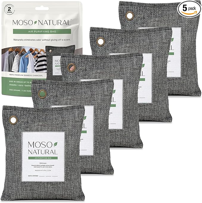 Moso Natural Air Purifying Bag 200g (5 Pack) Bamboo Charcoal Odor Absorber for Home & Car | Closet Odor Eliminator, Small Room Deodorizer & Car Air Freshener | Long Lasting Charcoal Bags Cover 90sqft