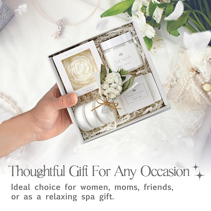 Sweet Coconut Small Spa Gift Set for Women – Relaxation Gift Basket with Candle, Soap, Salt Scrub & Shower Steamers – Unique Birthday, Bridal Shower, Christmads, Thank You & Self Care Gifts