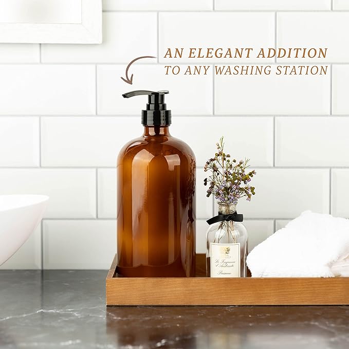 32 Ounce Glass Pump Dispenser Bottle, Large Amber Container with Pump for Shower and Bath Shampoo Soap Conditioner Lotion - 1 Liter Shower Bottles- by Kitchentoolz