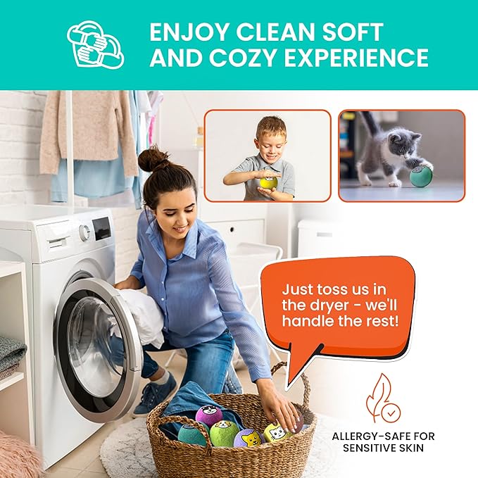 Laundry Dryer Balls-100% New Zealand Wool,Replaces Dryer Sheets,Reduces Wrinkles & Drying Time,Anti-Static,Pet Hair Removal,Hand-Felted,Natural Fabric Softener,Reusable,Quiet,Child-Friendly(Pack of 6)