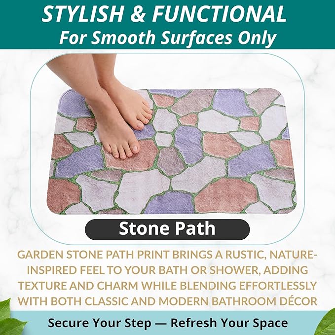 ENKOSI Non Slip Shower Mat – Bath Mat for Tub and Shower Floors – Anti Slip Bathtub Mat with Strong Suction Cup Grip – Unique Design Soft Bathroom Mat for Inside Baths and Showers (28x16 Stone Path)