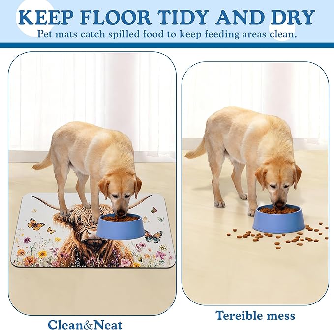 Highland Cow Butterfly Dog Food Mat–Absorbent Quick Dry Feeding Placemat for Food and Water Bowls, Non Slip Rubber Backing, Waterproof Pet Supplies for Mess-Free Eating 12"x20"