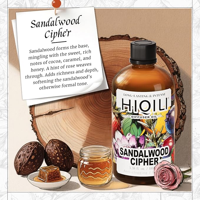 HIQILI Diffuser Oil for Humidifier & Reed Diffusers, Suitable for Home and Other Scenarios, Long Lasting Scent - Sandalwood Cipher, 3.38 Fl Oz
