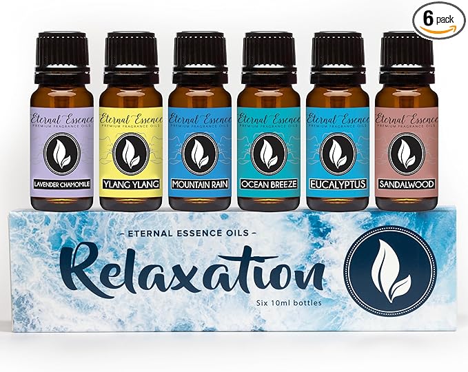 Eternal Essence Oils Relaxation Set of 6 Premium Fragrance Oils - Includes Lavender Chamomile, Ylang Ylang, Mountain Rain, Ocean Breeze, Eucalyptus, and Sandalwood Scented Oils - 10ML