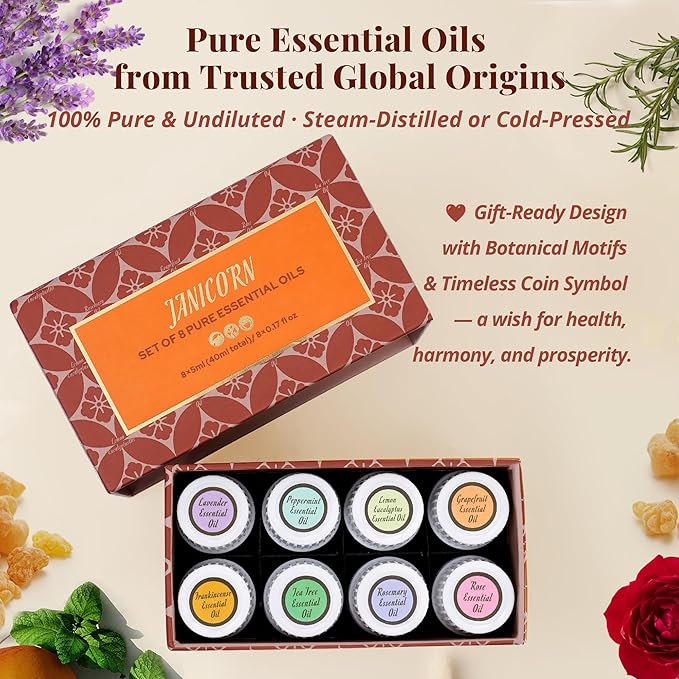 100% Pure & Undiluted Essential Oils Set – Premium Natural Aromatherapy Oils for Diffuser, Bath, DIY Skin Care & Relaxing Mood, 8×5ml Frankincense, Lavender, Rosemary & More, Holiday Gifting