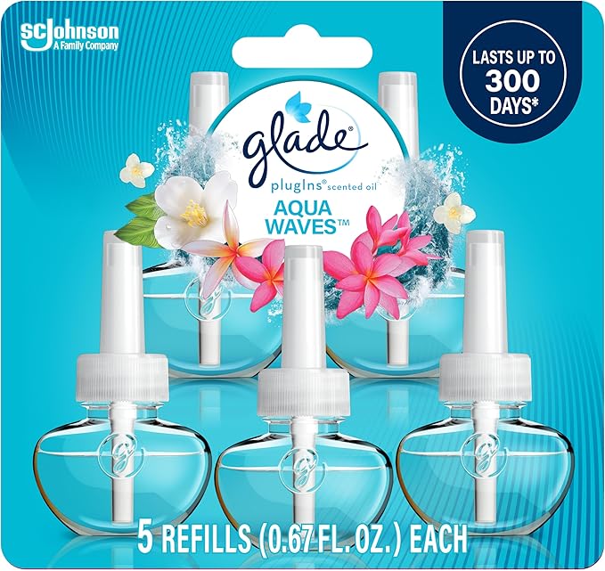 Glade PlugIns Refills Air Freshener, Scented and Essential Oils for Home and Bathroom, Aqua Waves, 3.35 Fl Oz, 5 Count