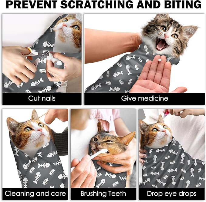 27.6"Cat Grooming Wrap, Self Adhesive Cat Wrap for Cutting Nails, Anti-Escape Calming Cat Swaddle Wrap for Medicine Ear Cleaning, Anti-Scratch Cats Burrito Restraint Blanket, Pet Tool Grey (6-10 lbs)