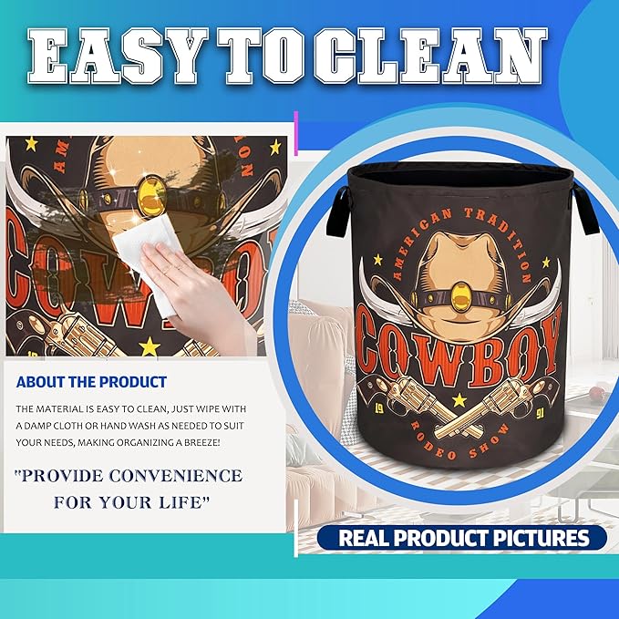 Western Cowboy Laundry Basket Cowboy Hat Oxford Cloth Laundry Hamper With Handle Foldable Portable Clothes Storage Basket 18.9 X 16.5 Inch Storage Bag For Laundry Room/Bathroom/Bedroom/Dormitories