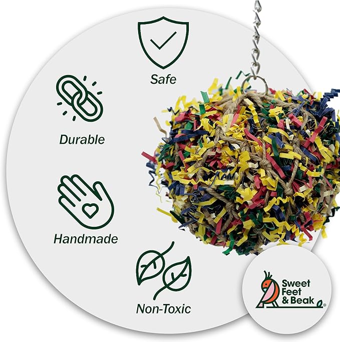 3” Super Shredder Ball Bird Toy - Fun Foraging Toys for Birds w/ Colorful Paper & Wooden Treasures - Easy to Hang Shredding Toys for Birds - Bird Shredding Toys for Cockatiels, Parrots & More