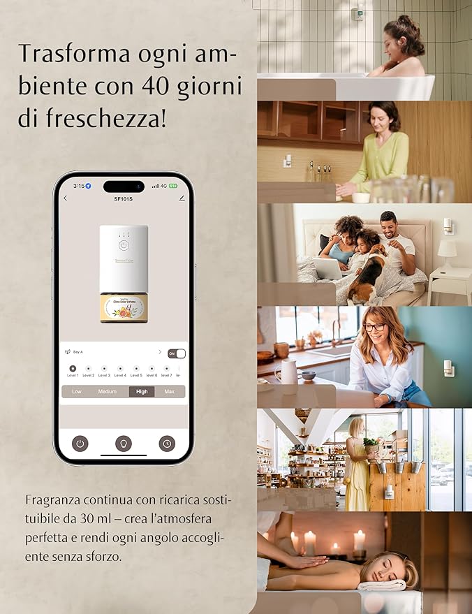 SF101S Smart Wi-Fi Waterless Ultrasonic Essential Oil Diffuser–100% Plant-Based,120-Day Natural Air Freshener & Aromatherapy Scent Diffuser Covers 100㎡ for Home,Hotel-Jasmine Dew Harmony