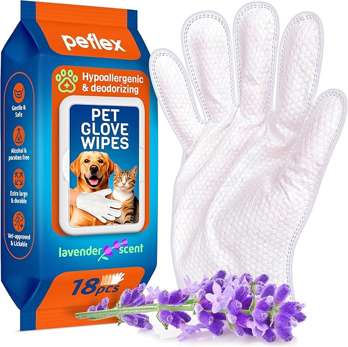 New 2025 Pet Cleaning Glove Wipes for Dogs and Cats – Hypoallergenic Hydrating & Nourishing – Suitable for Eyes, Ears, Paws & Body – Lavender Scent – Ideal for Daily Care & Travel – 18 Count (Lavanda)