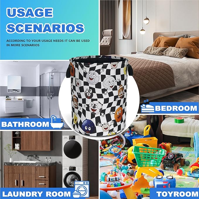 Ball Laundry Basket Oxford Cloth Funny Various Types Of Balls Laundry Hamper With Handle Foldable Portable Clothes Storage Basket 18.9 X 16.5 Storage Bag For Laundry Room/Bathroom/Bedroom/Dormitories
