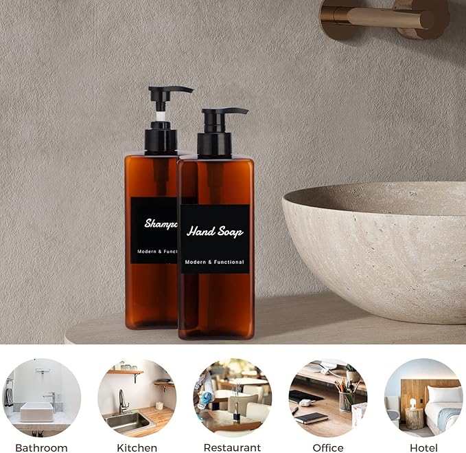 Suream Amber Shampoo and Conditioner Dispenser with Black Plastic Pump, 16.9oz Refillable Shower Bottle for Bathroom, Empty Container for Body Wash, Hand Soap, Lotion, Massage Oil