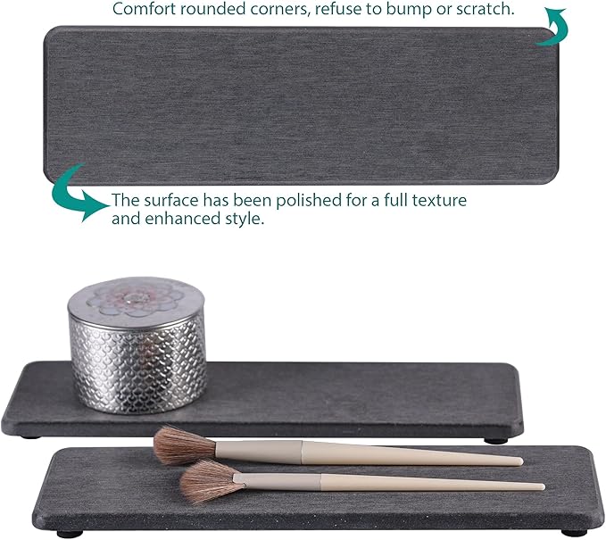 2 Pcs Water Absorbing Stone Trays, Kitchen/Bathroom Sink Soap Dish, Diatomite Tray Used for Hand Soap & Cosmetic Bottles in The Modern Home, 3.15" W x 10.2" L, Dark Gray