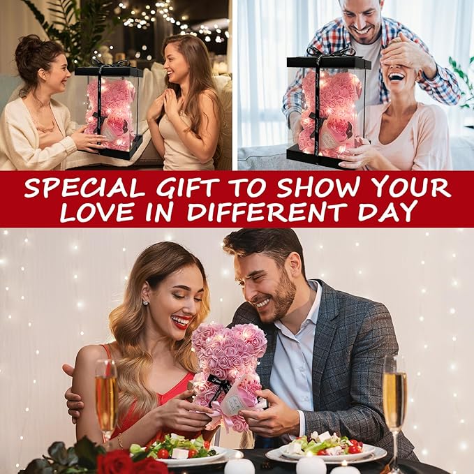 Romantic Valentines Day Gift for Her Rose Artificial Flower Rose Teddy Bear for Wife, Girlfriend Mother Daugther Women. Blind Box for Christmas Birthday Wedding Anniversary (Pink Bear)