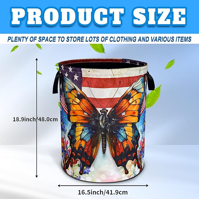 Vintage American Flag Butterfly Laundry Basket Flowers Oxford Cloth Laundry Hamper With Handle Foldable Portable Clothes Storage Basket 18.9 X 16.5 Inch Storage Bag For Laundry Room/Bathroom/Bedroom