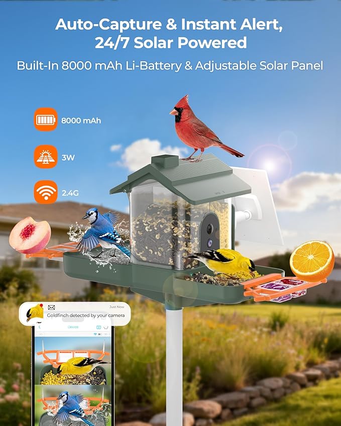 2-in-1 Bird Bath and Bird Feeder with Cameras Solar Powered 2K Dual Cameras Birds Feeder and Bath for Outside Yard Garden, Gift for Dad Mom Kids (Dark Green + Orange)