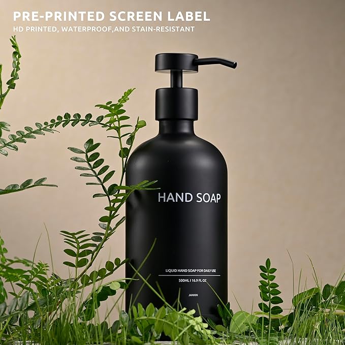 Glass Soap Dispenser Set by Janxin,Bathroom Soap Dispenser Set with Ceramic Tray,Luxury Bathroom Accessories,Modern Kitchen Decor (Black(Hand Soap))