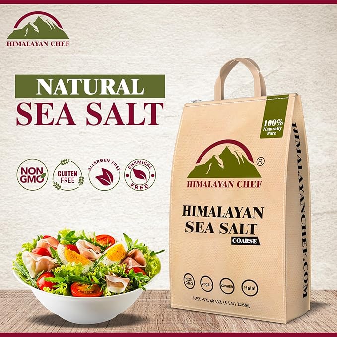Himalayan Chef Sea Salt Coarse Grain, 5 lb Bag - Pure, Natural, Kosher, Non-GMO, Mineral-Rich, for Cooking, Seasoning, Baking, Grinder Refills