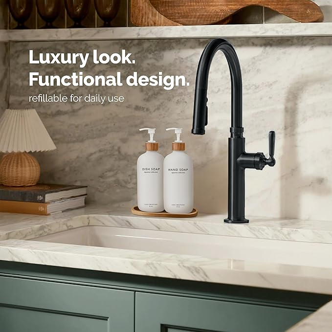 Vine Creations White Glass Soap Dispenser Set, Hand Soap and Dish Soap Dispenser Set with Bamboo Tray, 16 oz Glass Dispensers Bottle for Kitchen and Bathroom Decor Modern Boho with Bamboo Pump (White)