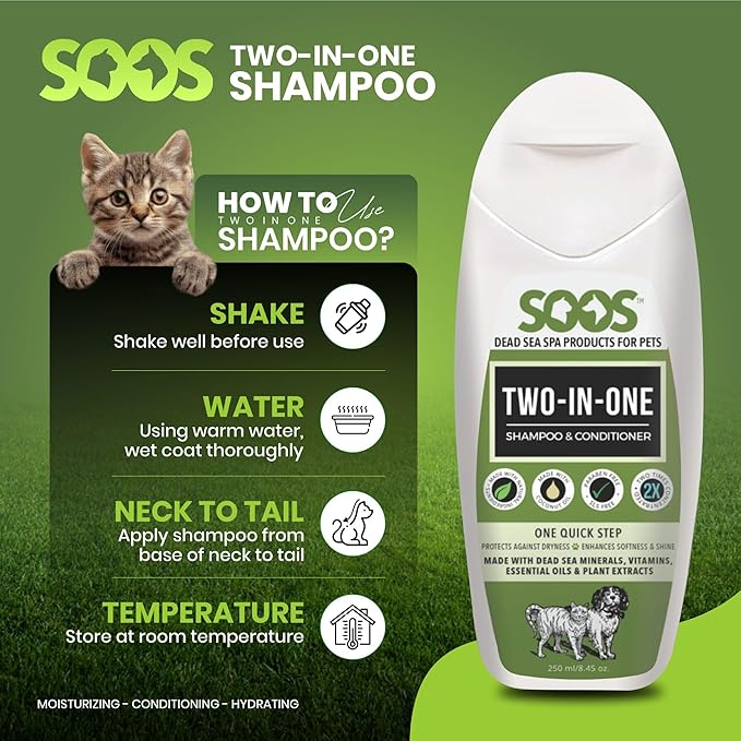 Soos Pets Two-in-One Shampoo Plus Conditioner for Dogs & Cats | 2-in-1 Natural Dead Sea Minerals | Cleansing & Moisturizing Formula | Gentle on Skin, Promotes Soft Shiny Coat - 250ml