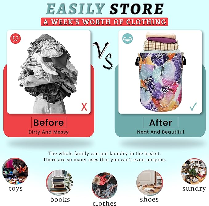 Abstract Watercolor Floral Laundry Basket Foldable With Handles Tote Bag Oxford Cloth Flowers Laundry Hamper Clothes Storage Bucket Toy Organizer 18.9" x 16.5" For Bathroom/Laundry/Bedroom