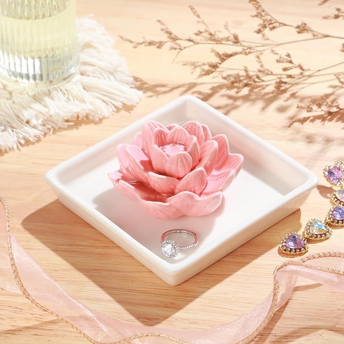 PUDDING CABIN Pink Lotus Ring Holder Dish, Jewelry Holder for Rings, Earrings, Necklace, Bracelets Organizer, Birthday, Wedding, Christmas, Valentine's Day Gifts for Her