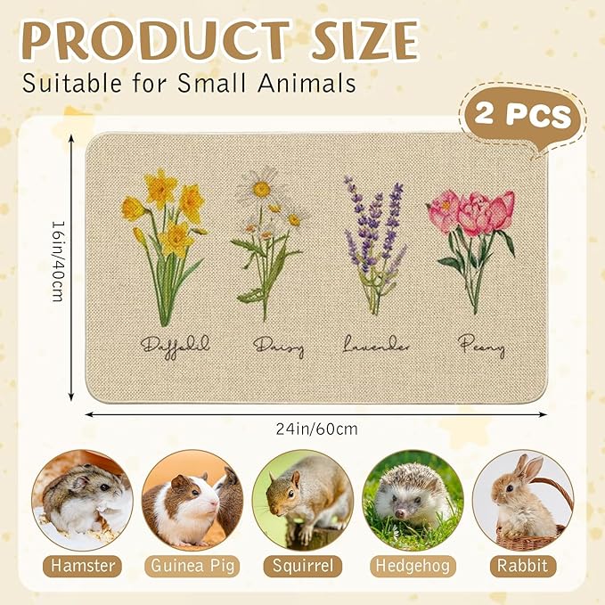 Hamiledyi Guinea Pig Cage Liner 2 Packs Reusable Guinea Pig Pee Pads with Flower Pattern Washable Small Animal Mats for Rabbit Hamster Chinchilla Rat and Other Small Pets (24" L x 16" W)