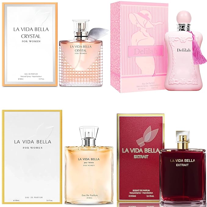 4PCS Perfume Set for Women - Floral Fragrance Gift Set with Vanilla,Sweet Fruity, Eau De Parfume| 3.4 Fl Oz Each(La Vida Bella,La Vida Bella Crystal,La Vida Bella Ext,Delilah)