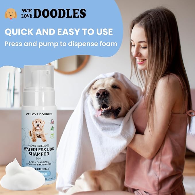 Waterless Dog Shampoo - Over 200+ Sprays Per Bottle - Cleans & Moisturizes Coat, No Rinse Dog Shampoo, Safe Foam Formula & Pet-Friendly Dog Deodorizing Spray, 7.1 oz (Ocean Breeze) [We Love Doodles]