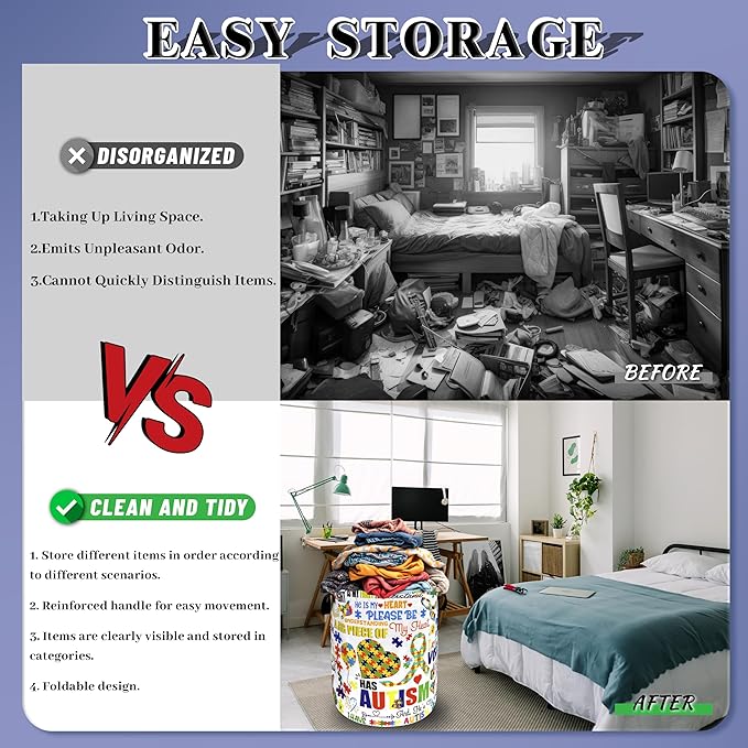 Autism Awareness Ribbon Laundry Hamper Oxford Cloth Funny Autism Laundry Basket With Handle Portable Clothes Storage Basket Foldable Laundry Bag 18.9"x16.5" For Laundry Room/Bedroom/Bathrooms