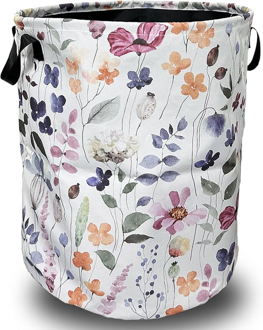 Watercolor Floral Laundry Basket Foldable With Handles Tote Bag Oxford Cloth Cute Flowers Laundry Hamper Clothes Storage Bucket Toy Organizer 18.9" x 16.5" For Bathroom/Laundry/Bedroom