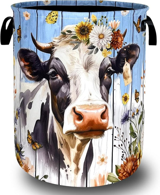 Cute Animal Cows Laundry Basket Foldable Colorful Flowers Laundry Hamper With Handle Oxford Cloth Portable Clothes Storage Organizer Basket 18.9"x16.5" Laundry Bag For Laundry Room/Bedroom/Bathrooms