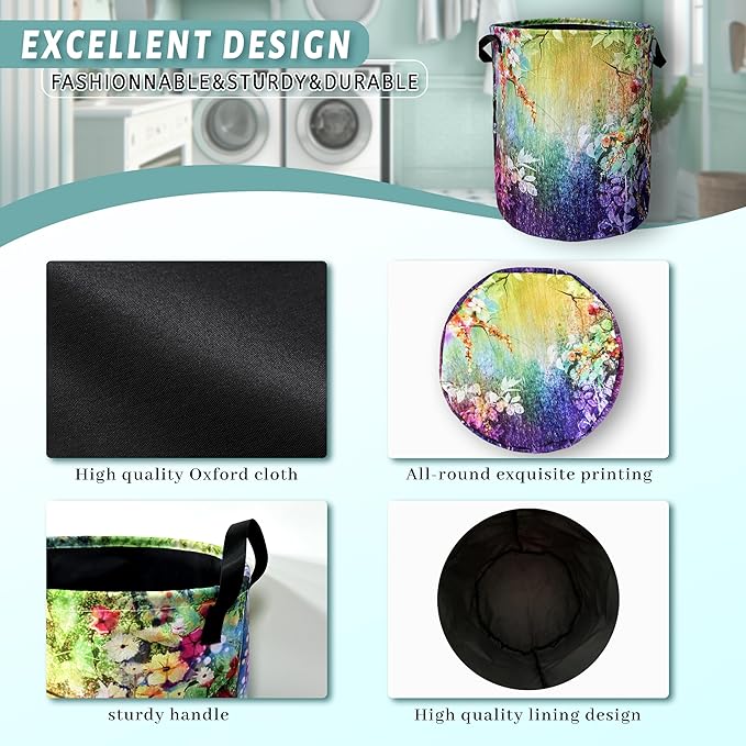 Abstract Watercolor Flowers Laundry Basket Foldable With Handles Tote Bag Oxford Cloth Colorful Laundry Hamper Clothes Storage Bucket Toy Organizer 18.9"x16.5"For Bathroom/Laundry/Bedroom