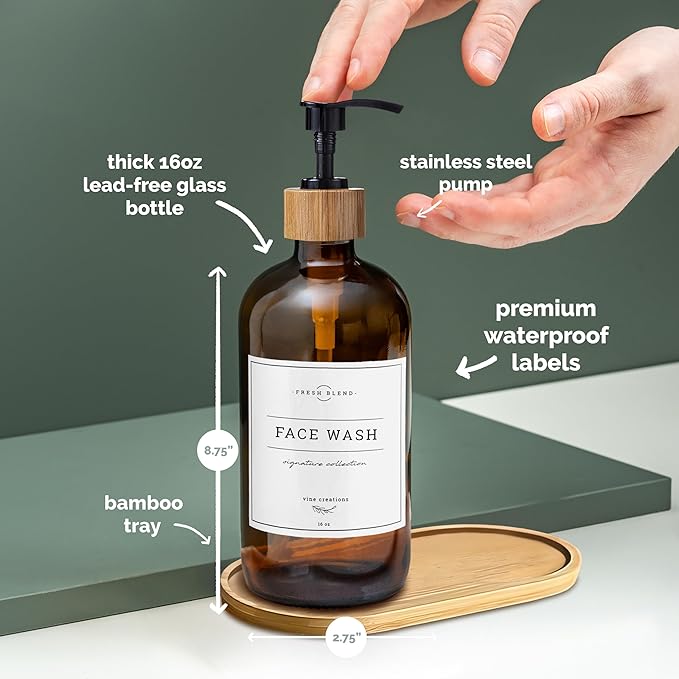 Vine Creations Amber Glass Soap Dispenser Set - Kitchen Soap Dispenser Set with Tray - Bamboo Dish Soap and Hand Soap Dispensers Set for Bathroom - Modern Kitchen Decor with Waterproof Labels