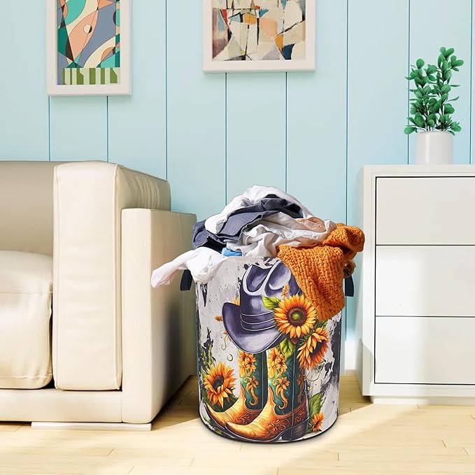 American Western Cowboy Hat Boots Laundry Basket Sunflower Oxford Cloth Laundry Hamper With Handle Foldable Portable Clothes Storage Basket 18.9 X 16.5 In Storage Bag For Laundry Room/Bathroom/Bedroom