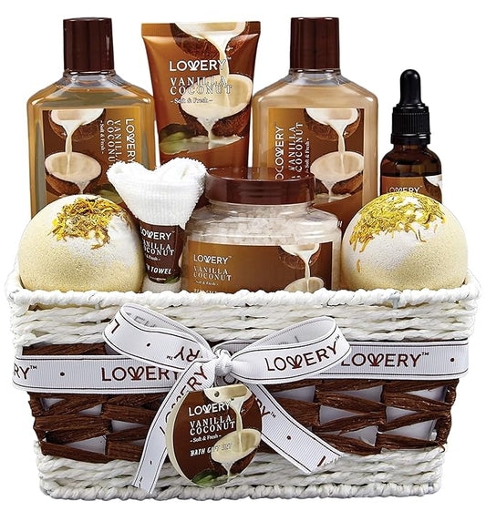Gifts For Women Gift Basket for Women– 9 Piece Christmas Gifts Set of Vanilla Coconut Home Spa Set, Includes Fragrant Lotions, Extra Large Bath Bombs, Coconut Oil, Luxurious Holiday Bath & Body Sets