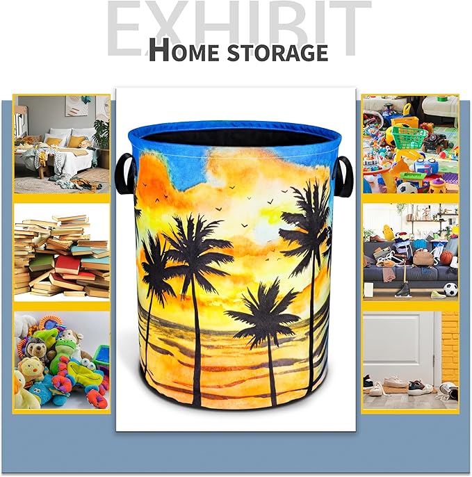 Hawaiian Beach Palm Trees Laundry Basket Sunset Foldable Oxford Cloth Funny Tote Bag Laundry Hamper Clothes Storage Bucket Toy Organizer For Bathroom/Laundry Storage/Bedroom 18.9x16.5 Inch