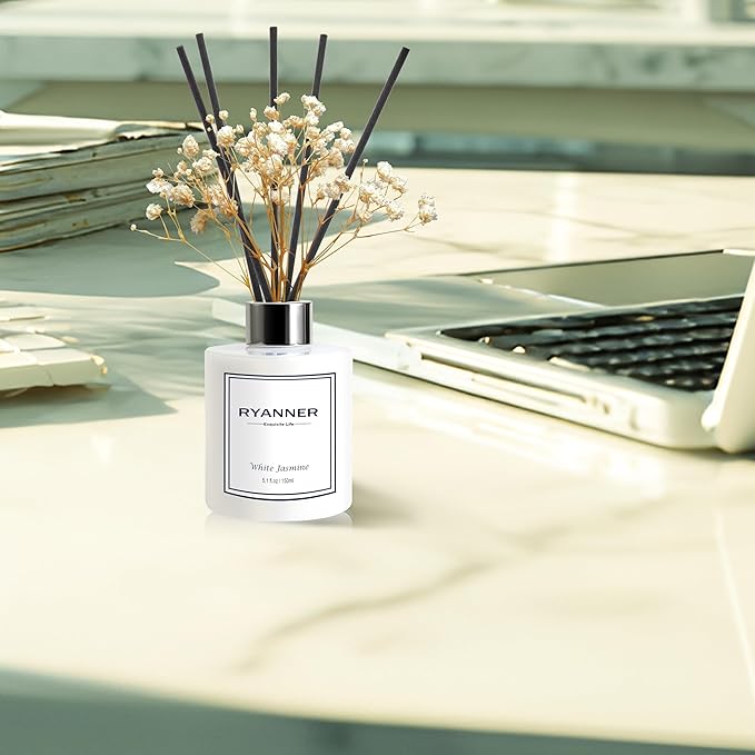 Flower Reed Diffuser Set,5.1 fl oz White Jasmine Scent Diffuser with Sticks Home Fragrance Reed Diffuser with Essential Oil for Bathroom Shelf Decor&Air Freshener,Home Bathroom Office Decor